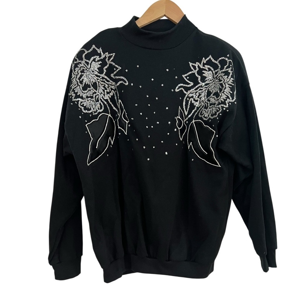 Vintage Black Rhinestone Floral Mock Neck Sweatshirt 80s 90s Coquette L - Picture 5 of 10
